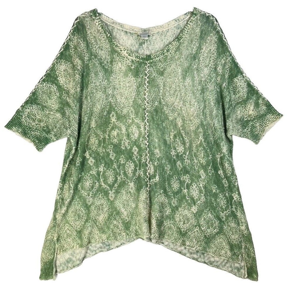 Sundance Top XXL Green Knit Paisley Print Whipstich Detail Cotton Dolman Sleeve